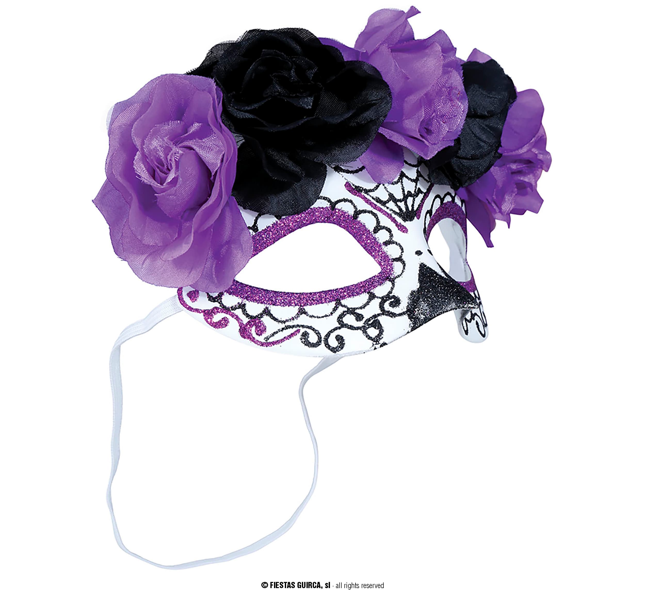 Catrina-maske med lilla og sorte blomster
