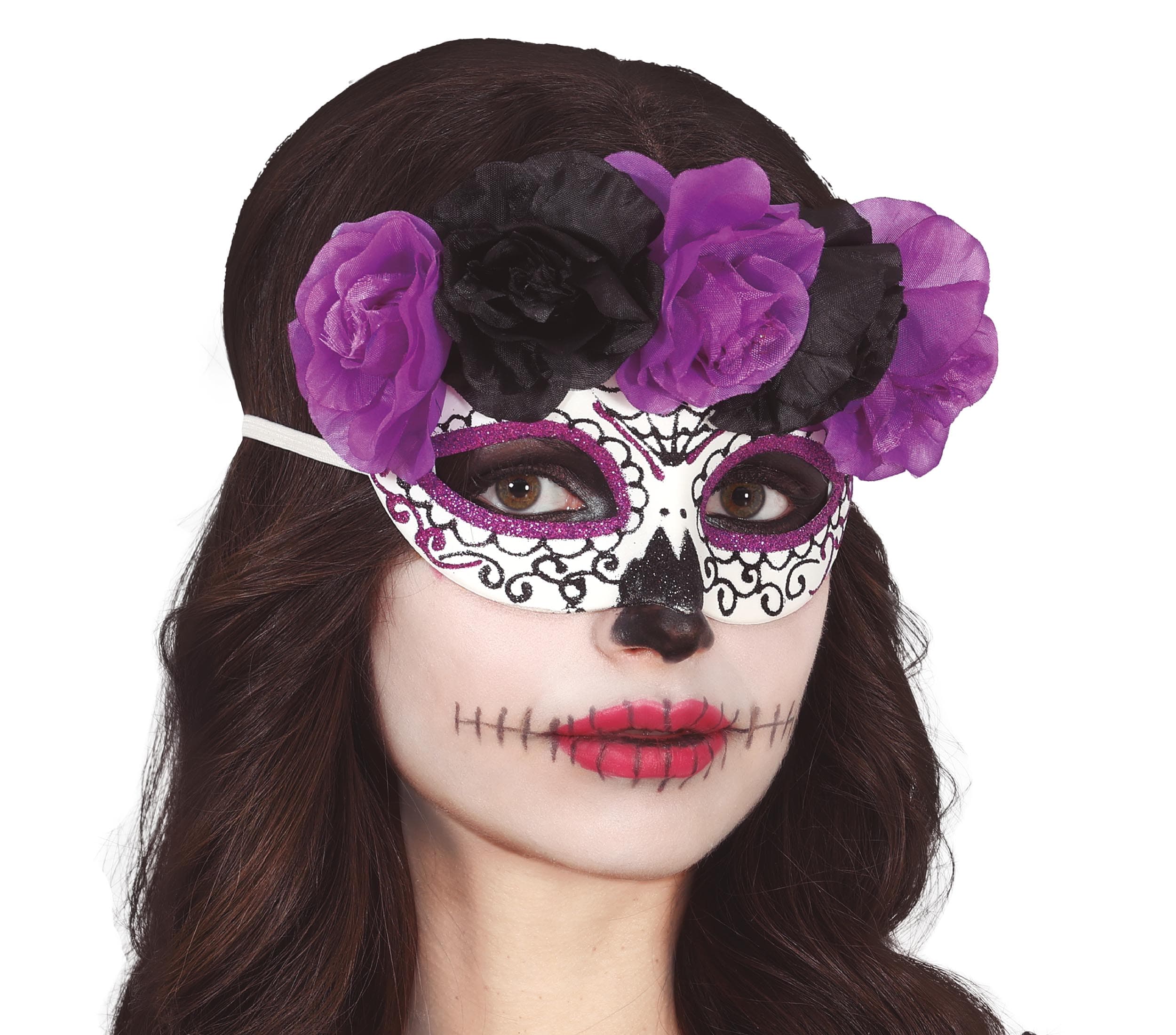 Catrina-maske med lilla og sorte blomster