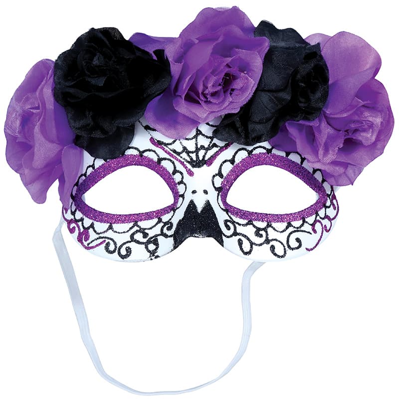 Catrina-maske med lilla og sorte blomster