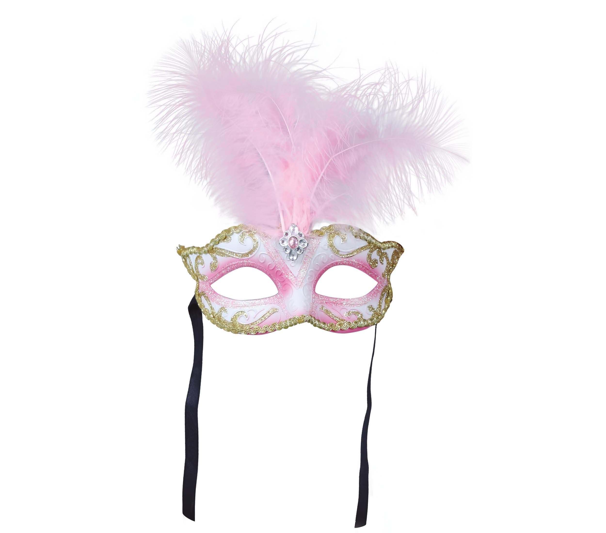 Lyserød maske med fjer