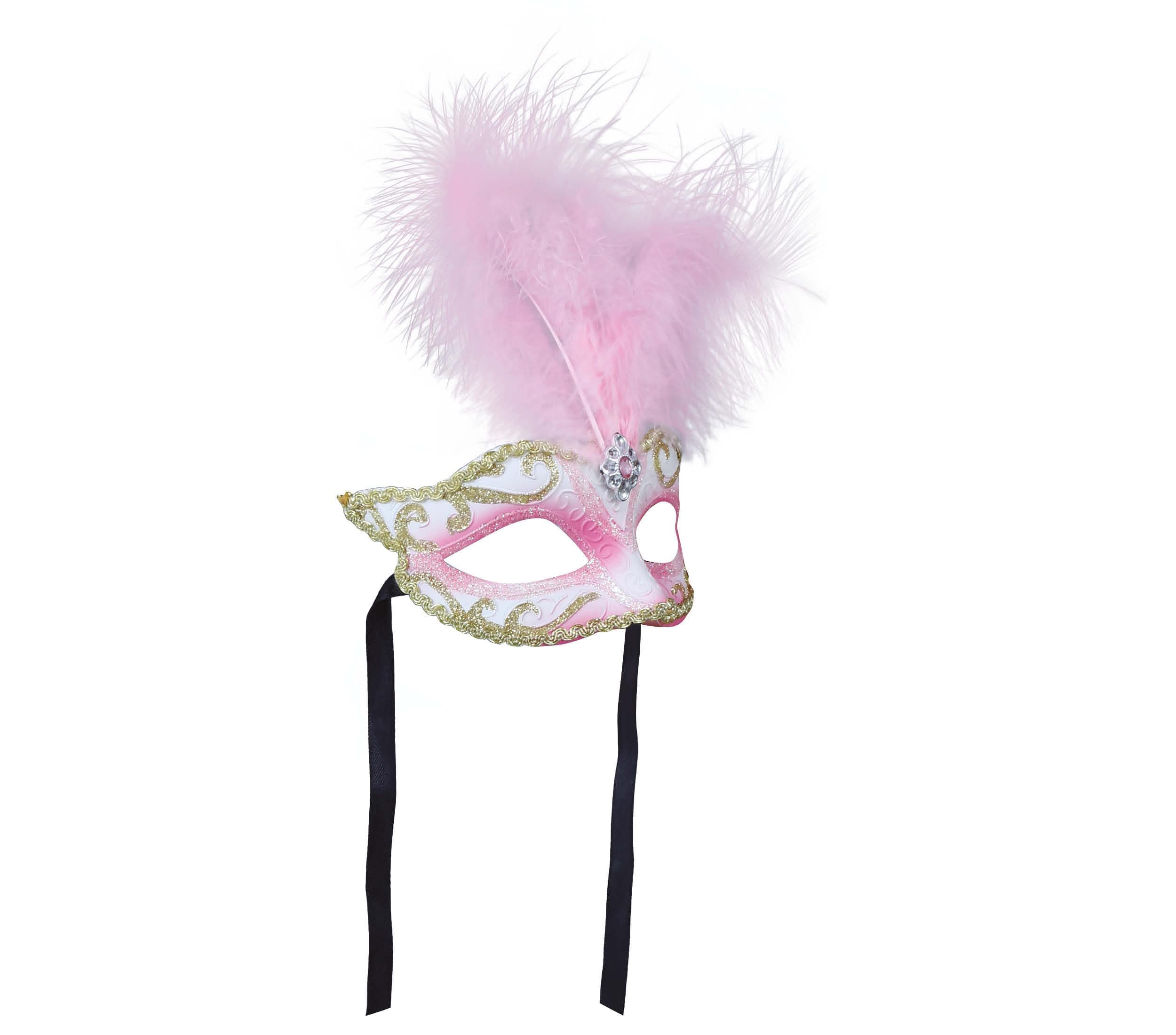 Lyserød maske med fjer