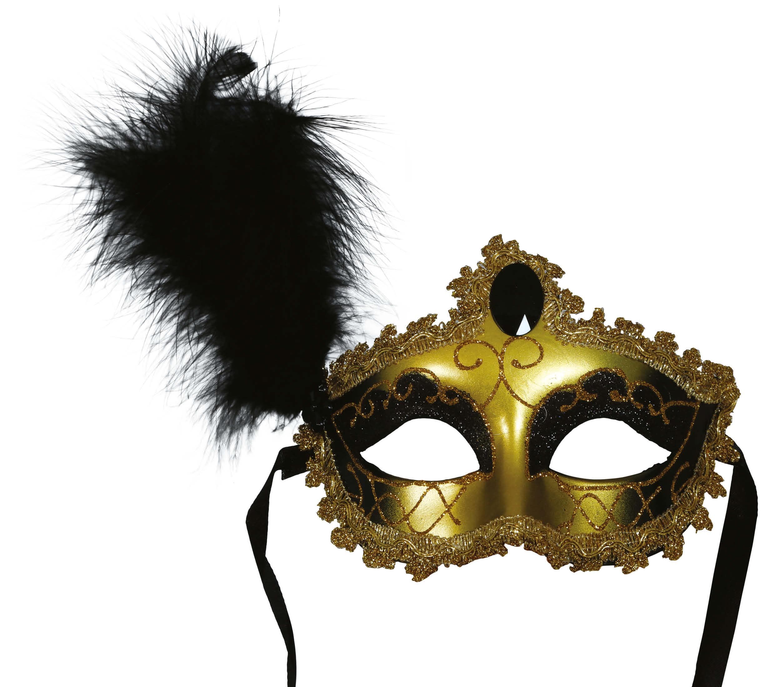 Maske i guld/sort med fjer