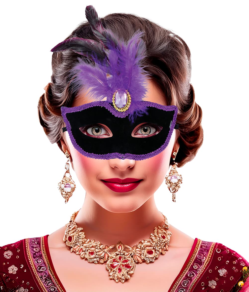 Sort maske med lilla fjer til voksne