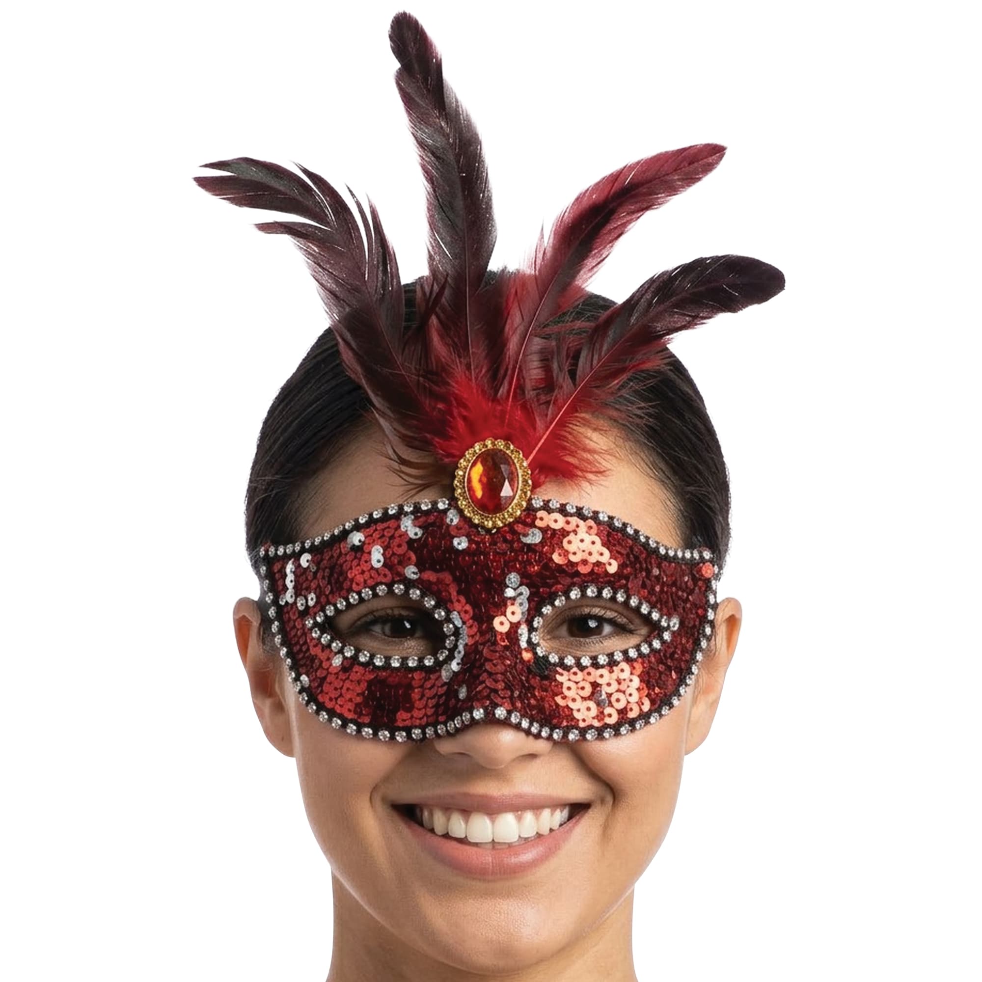 Maske med fjer og pailletter, rød