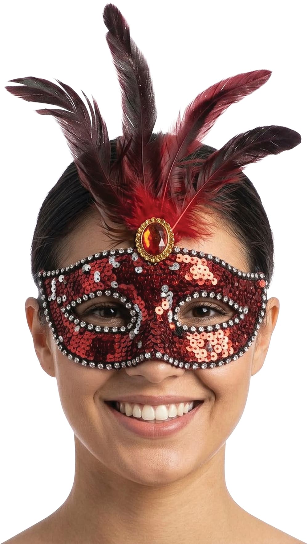 Maske med fjer og pailletter, rød
