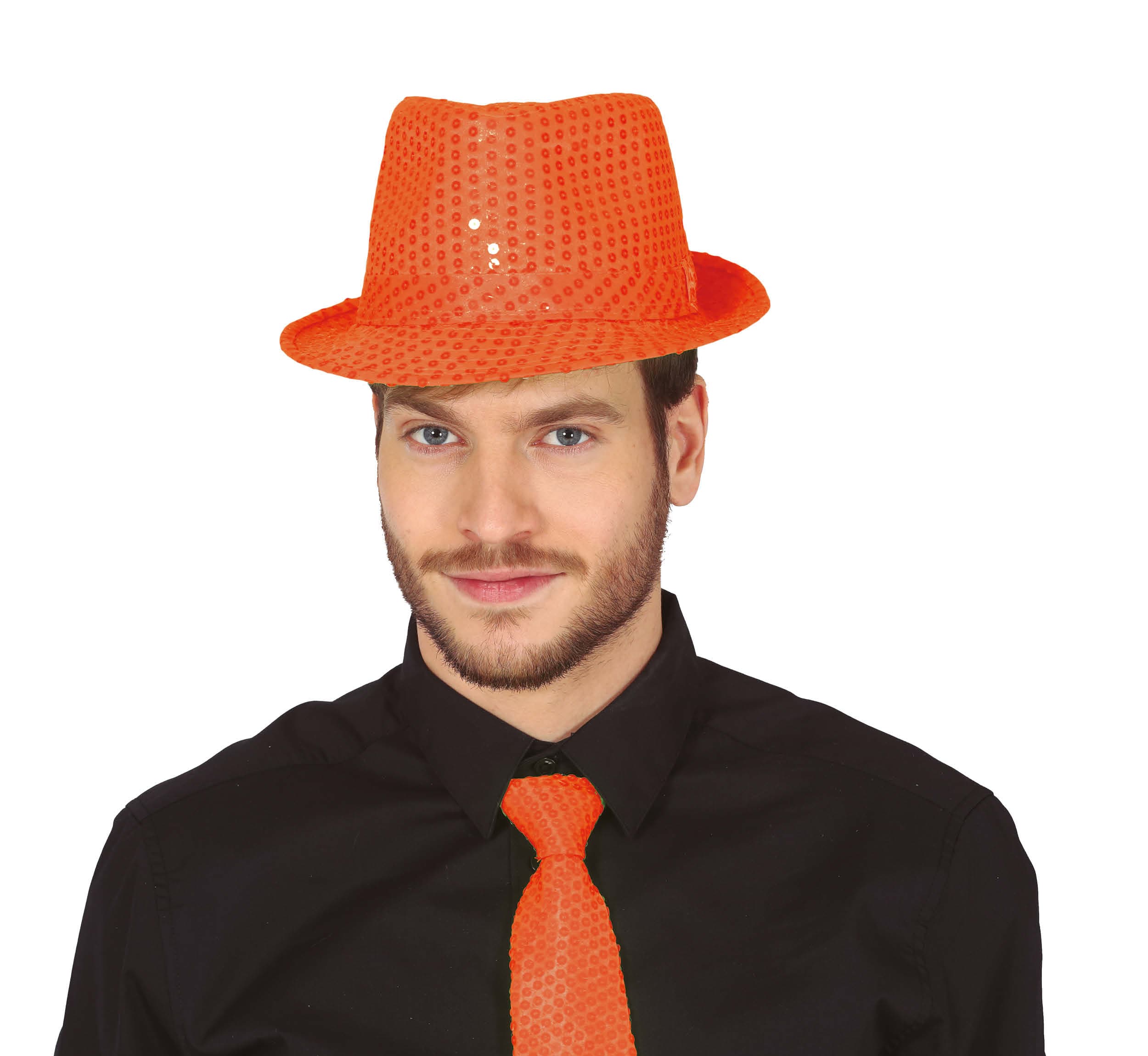 Neonorange gangsterhat med pailletter