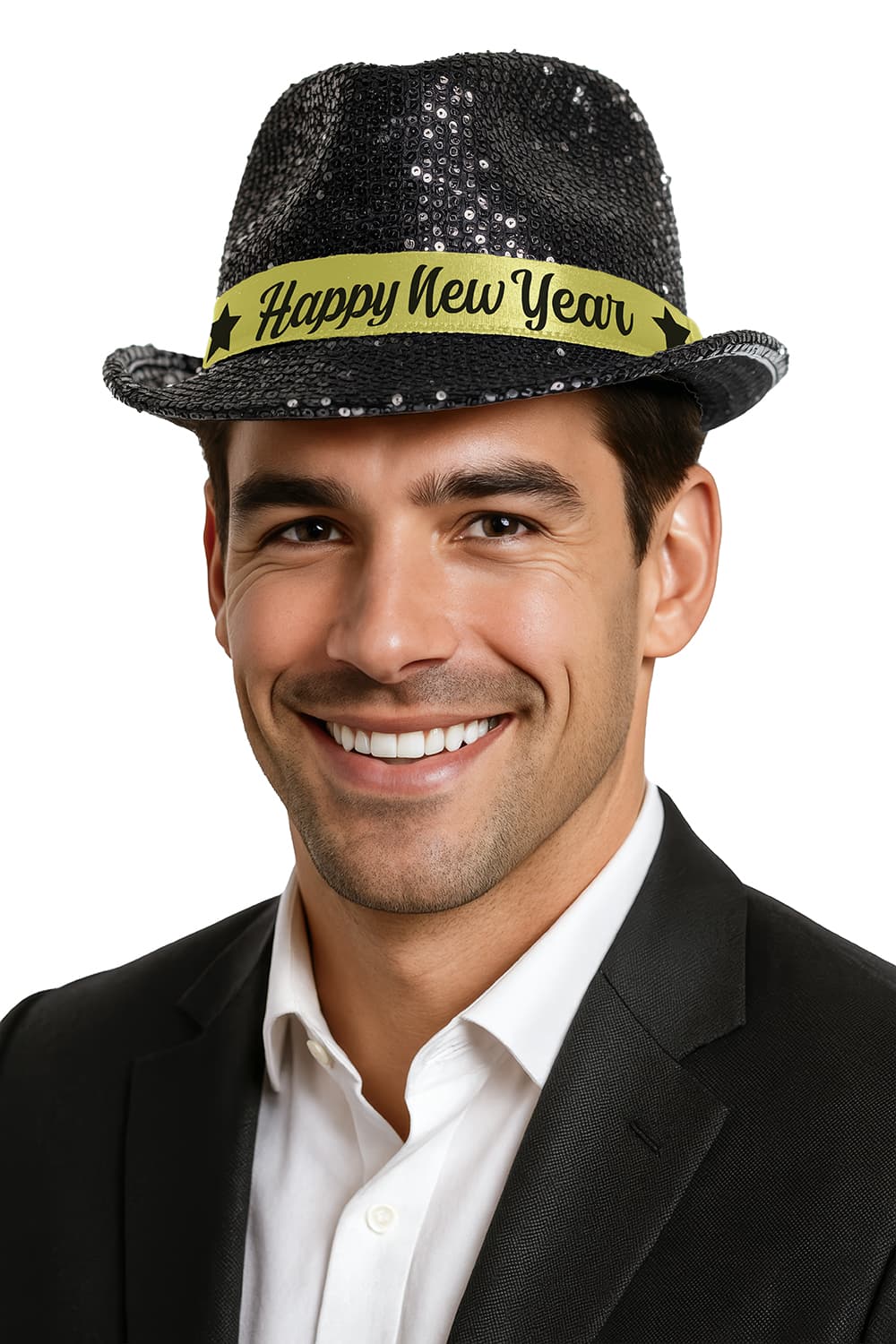 Gangsterhat "Happy New Year" med sorte pailletter