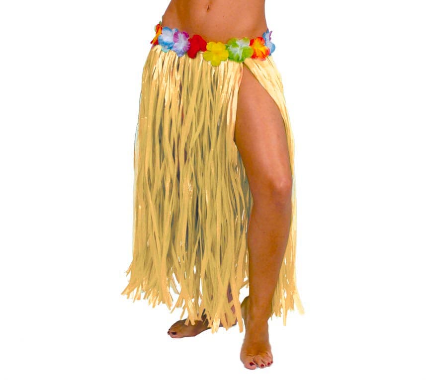 Hawaii-skørt med blomster, 75 cm, stråfarvet