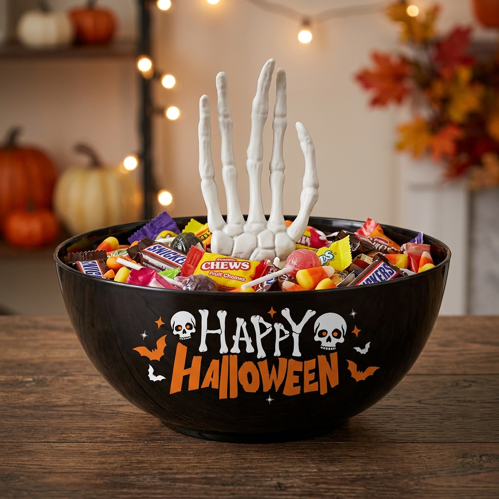 Skål "Happy Halloween" med skelethånd, 25 cm