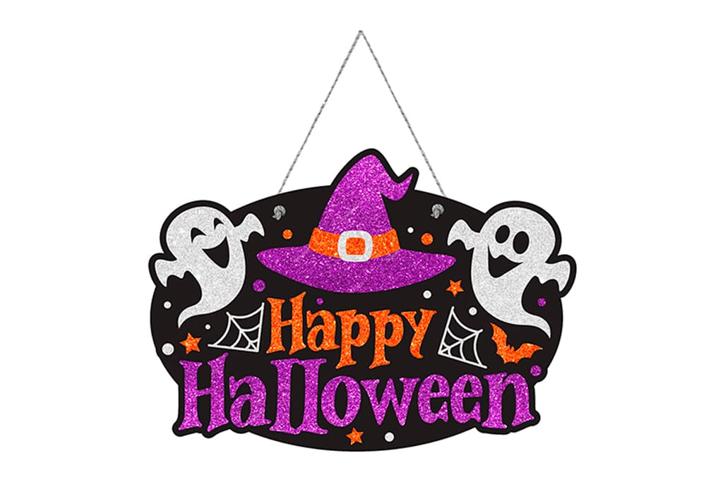 Glimmerskilt "Happy Halloween" med spøgelser 37 × 27 cm