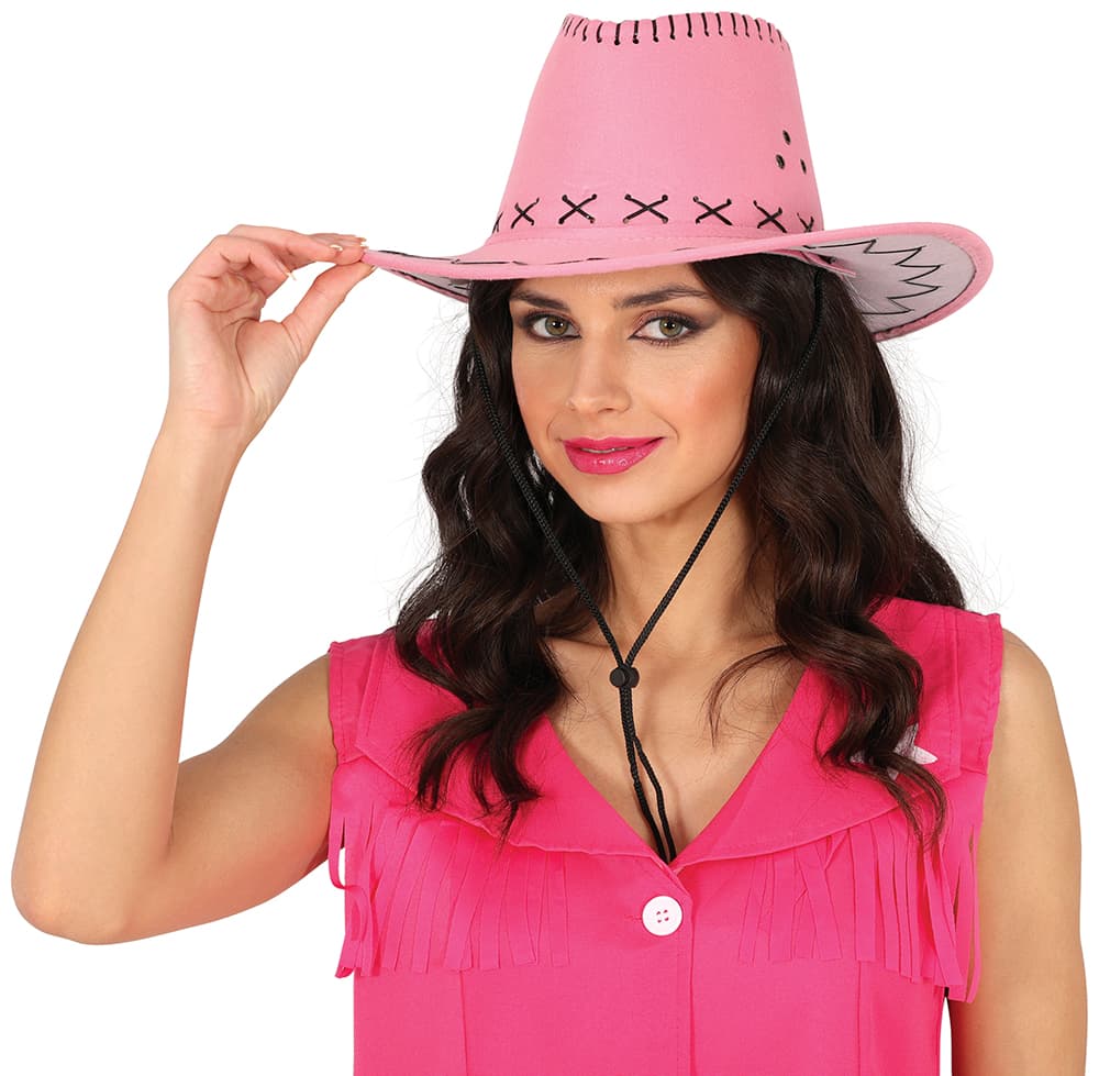 Lyserød cowboyhat i ruskindslook, til voksne