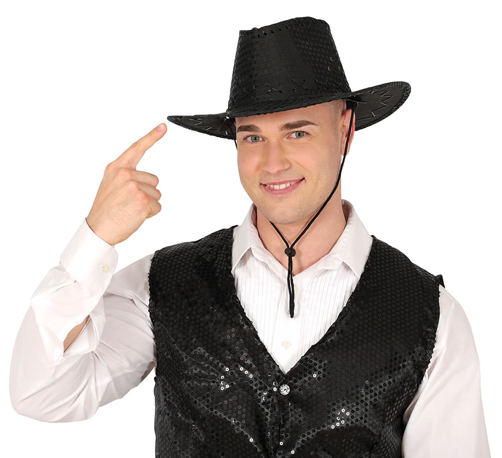 Sort cowboyhat med pailletter til voksne