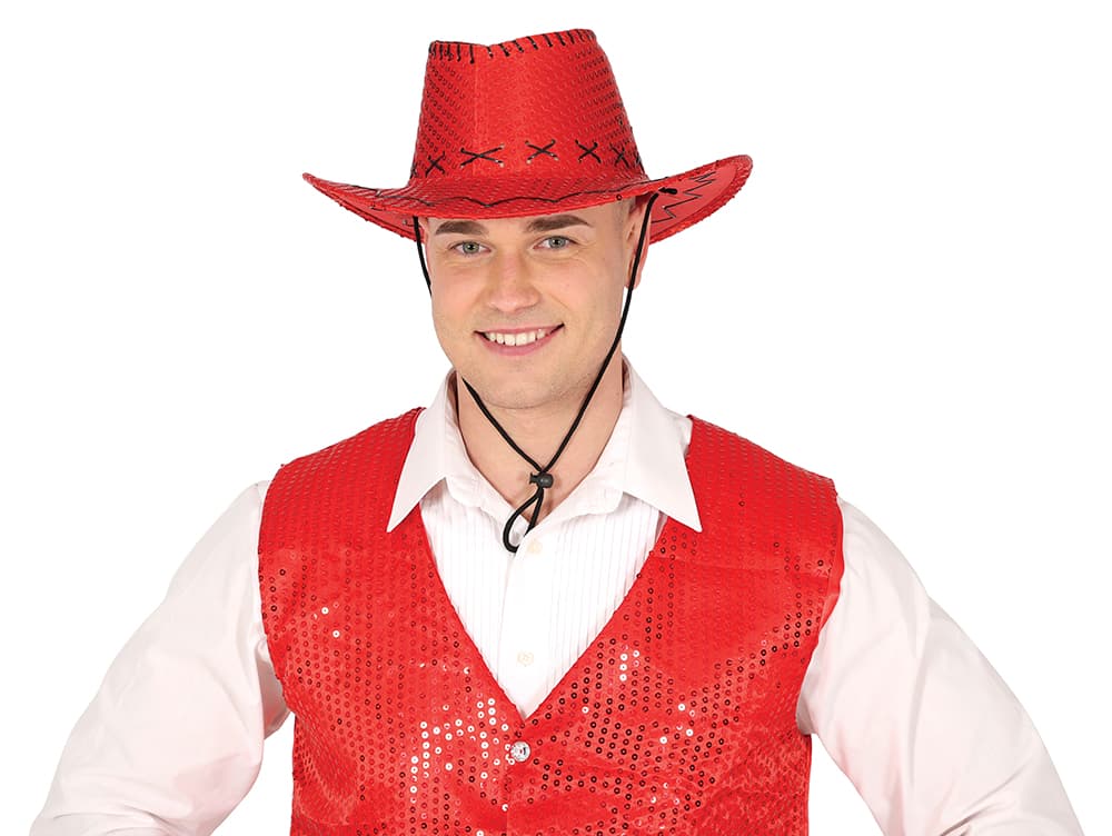 Rød cowboyhat med pailletter, til voksne