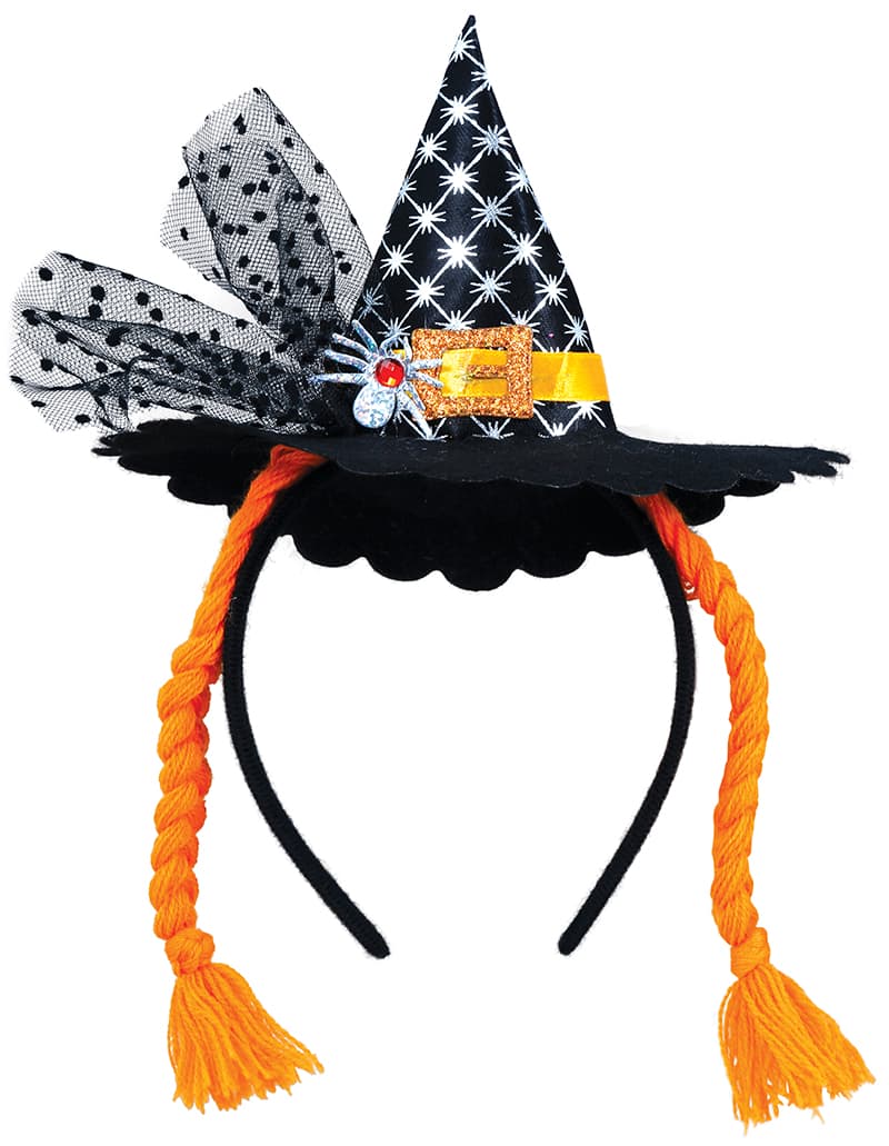 Hårbøjle med mini-heksehat og orange fletninger