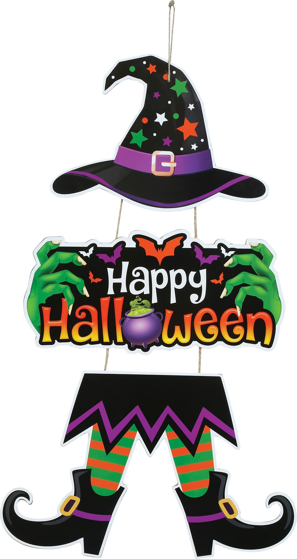 Skilt "Happy Halloween" med heks, 3 dele, 55 cm, træ
