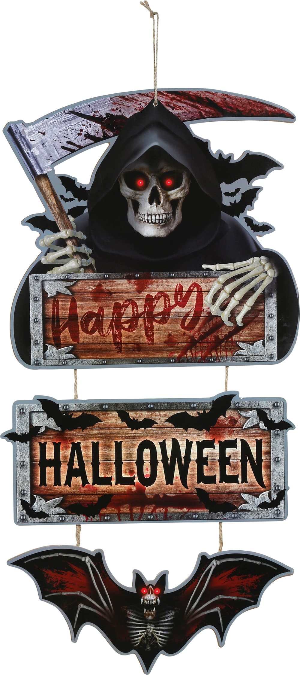 Skilt "Happy Halloween" med døden, 3 dele, 60 cm, træ