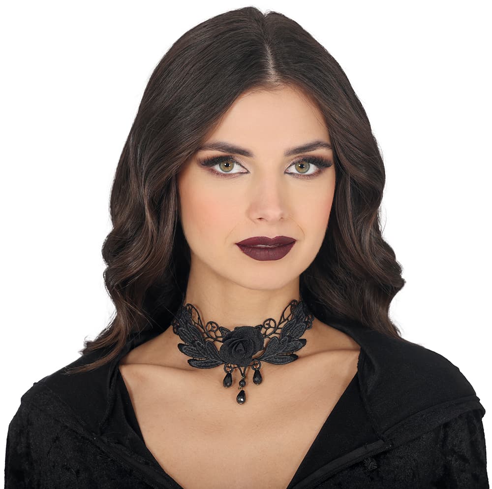 Broderet choker med sort rose