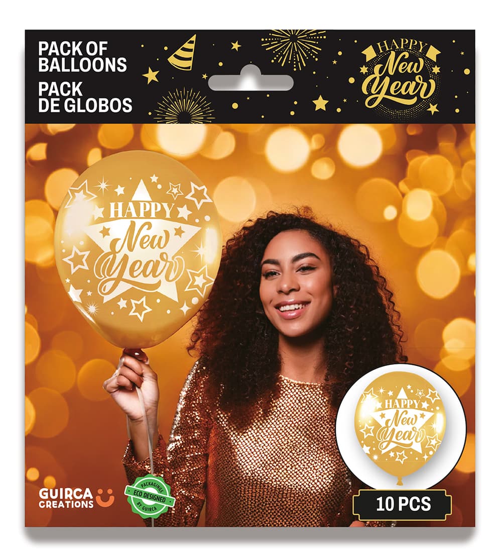 Pose med 10 guldfarvede balloner "Happy New Year", latex