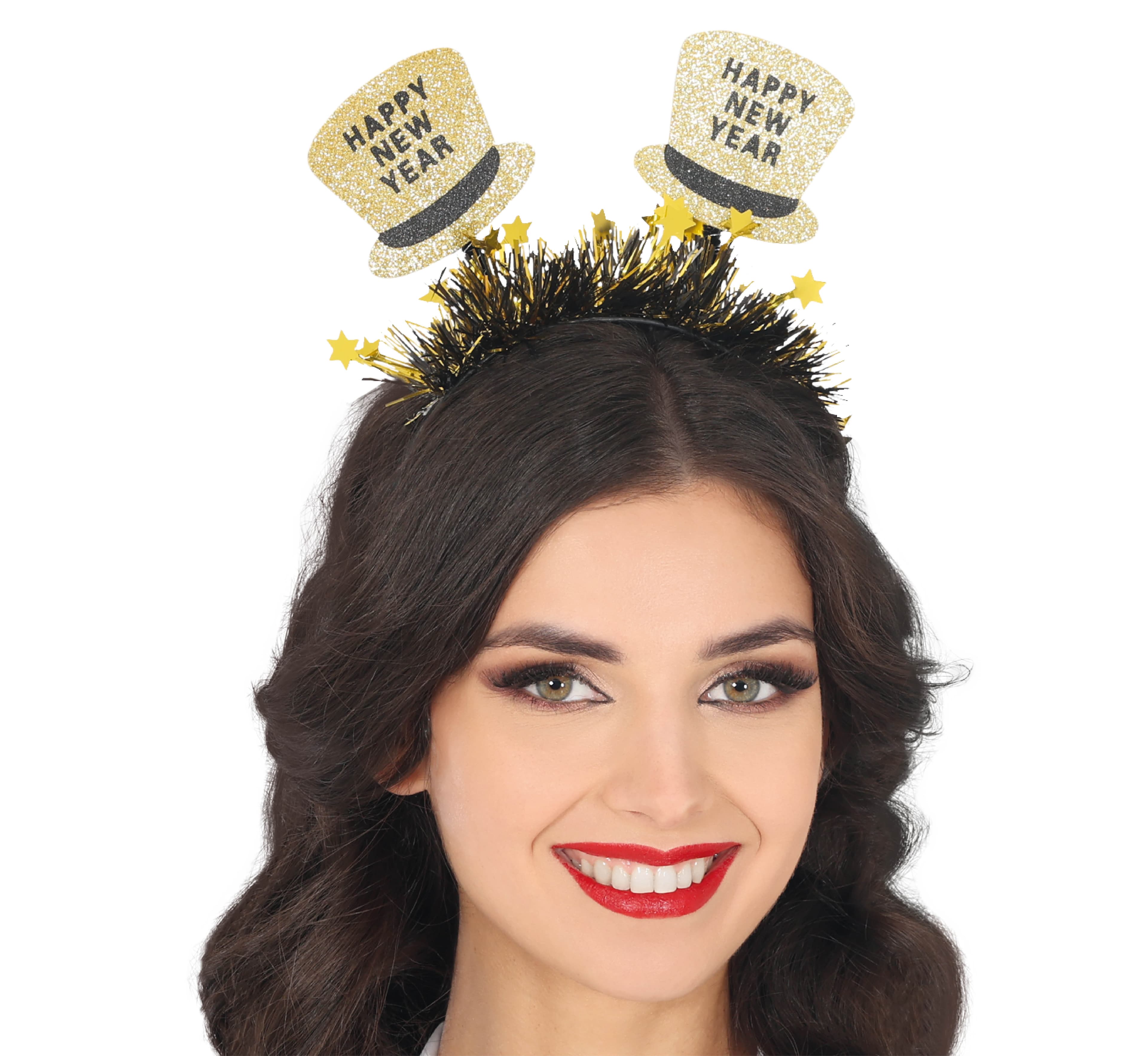 Hårbøjle med hatte "Happy New Year", guld