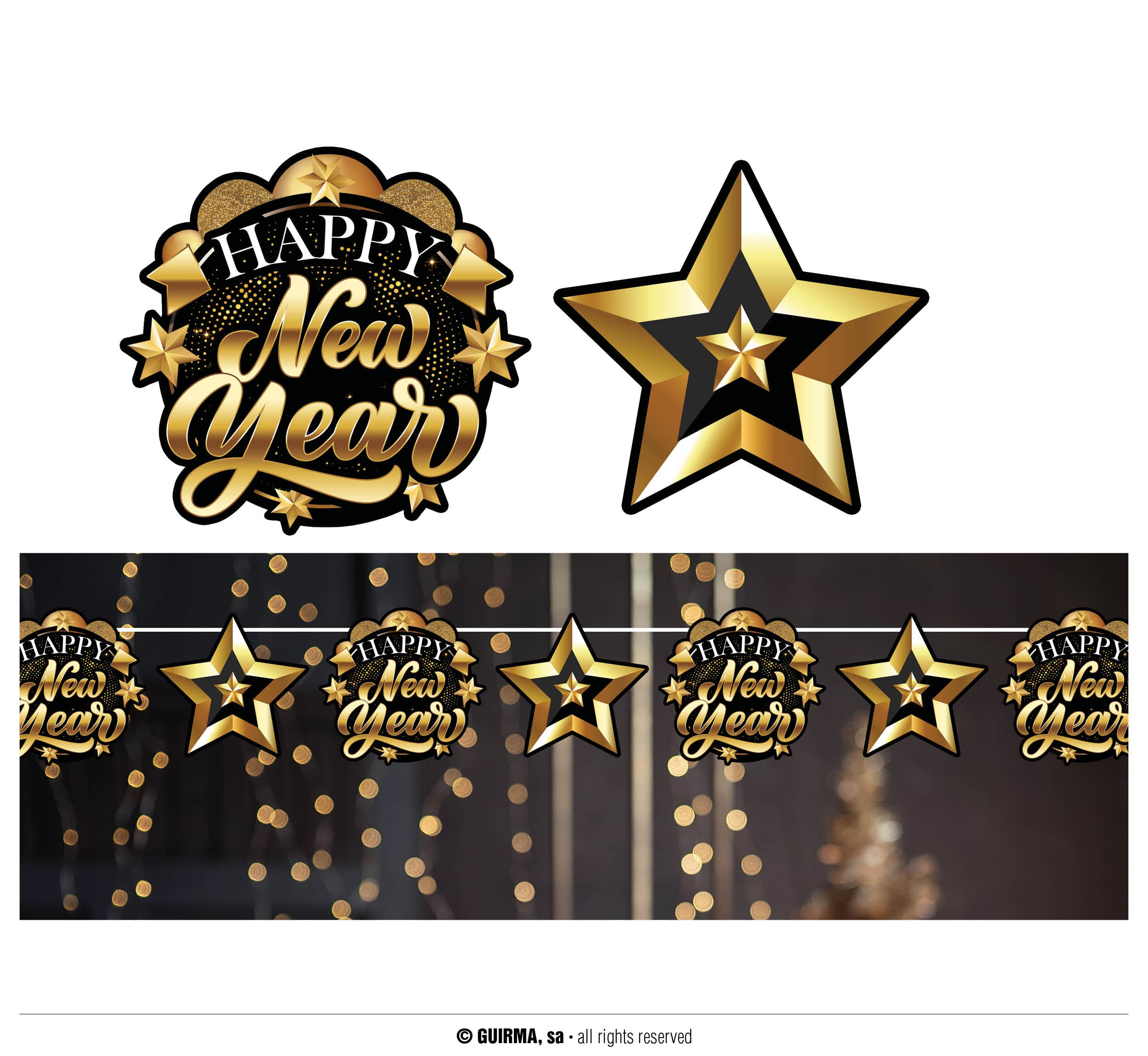 Guirlande "Happy New Year", 300 cm, 16 × 16 cm, guld og sort