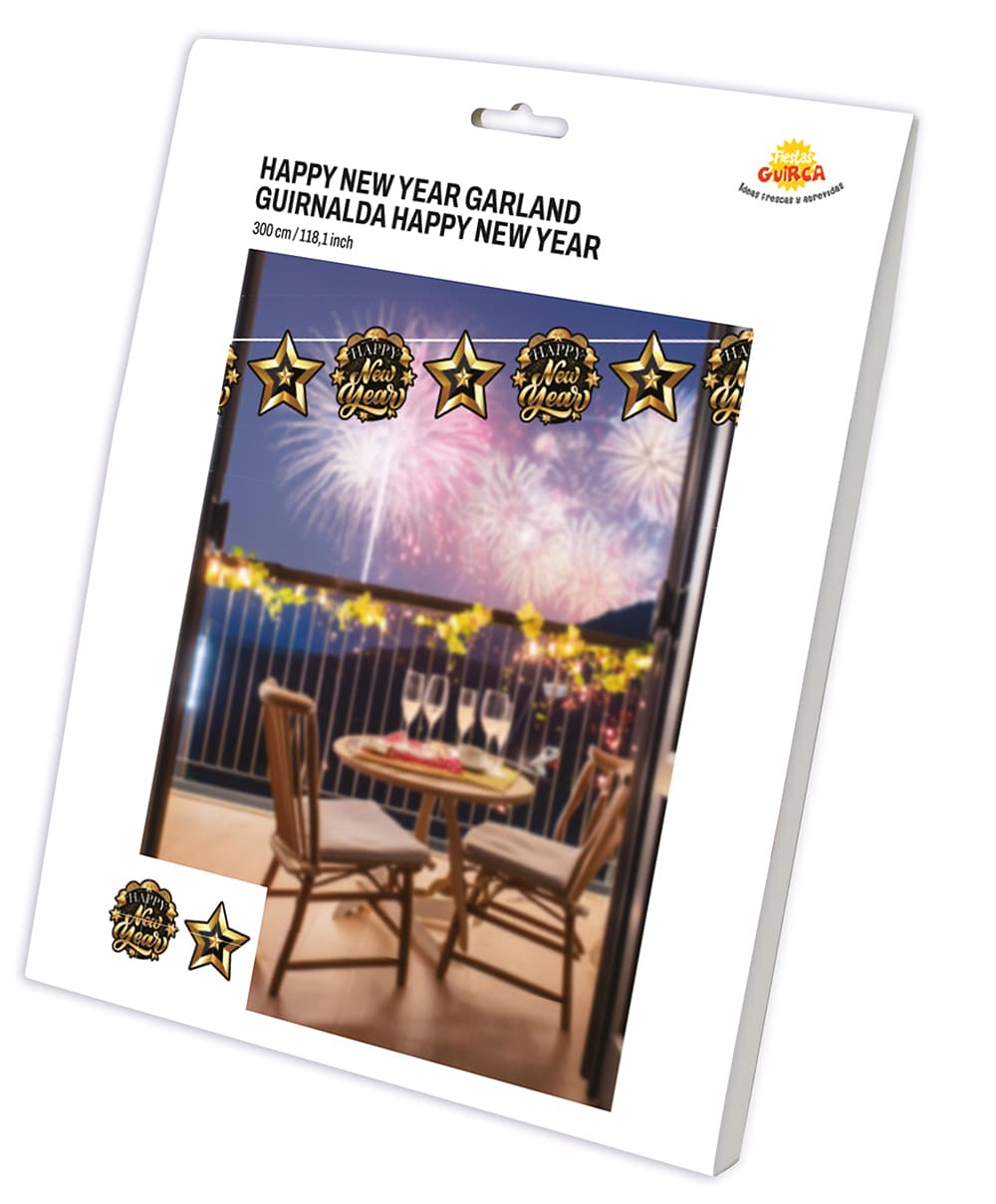 Guirlande "Happy New Year", 300 cm, 16 × 16 cm, guld og sort