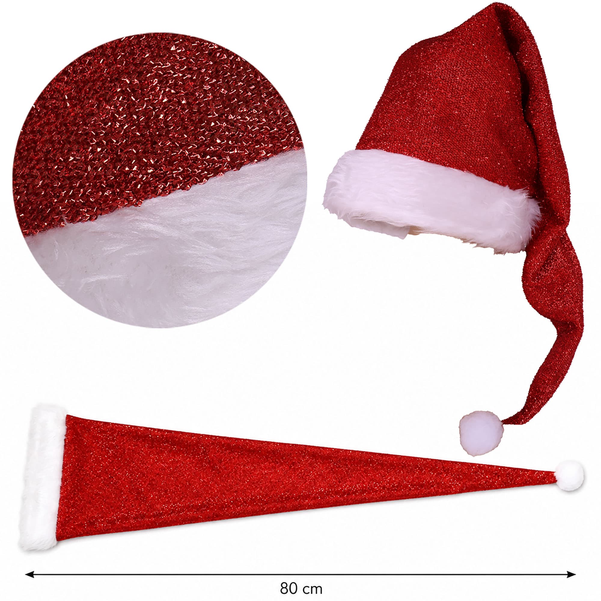 Lang rød nissehue med glimmer, 80 cm