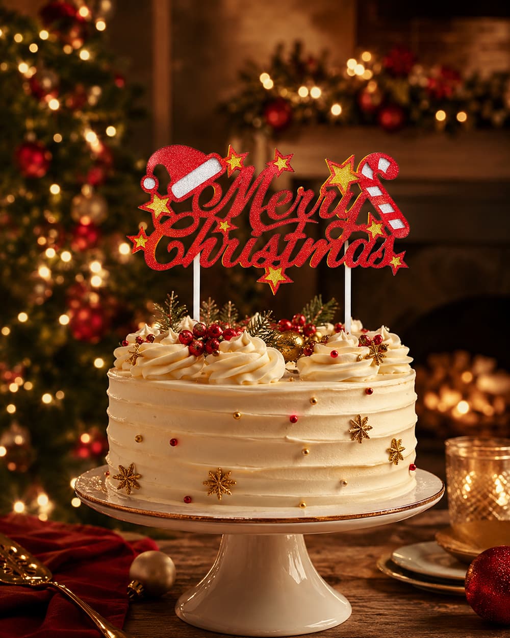 Rød kagepynt "Merry Christmas" 16 × 24 cm