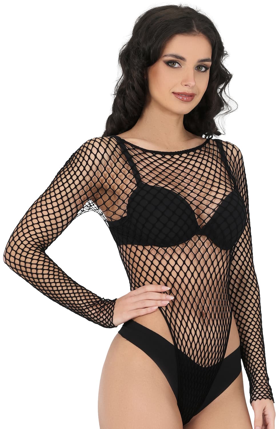 Sexet langærmet mesh-body, sort