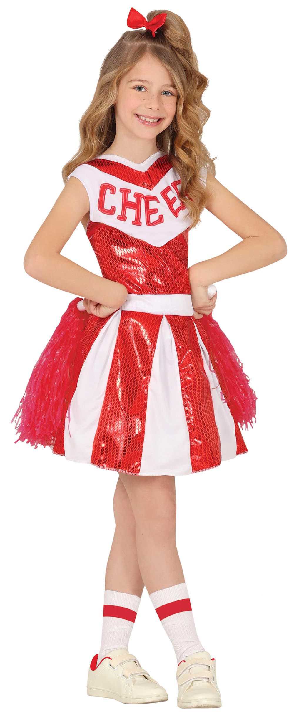 Rød cheerleader med pailletter – kostume til piger