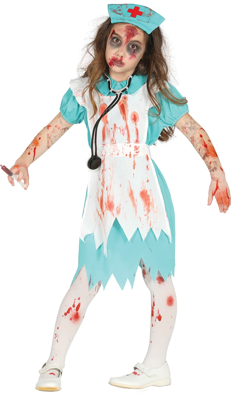 Zombiesygeplejerske – kostume til piger, blå og hvid